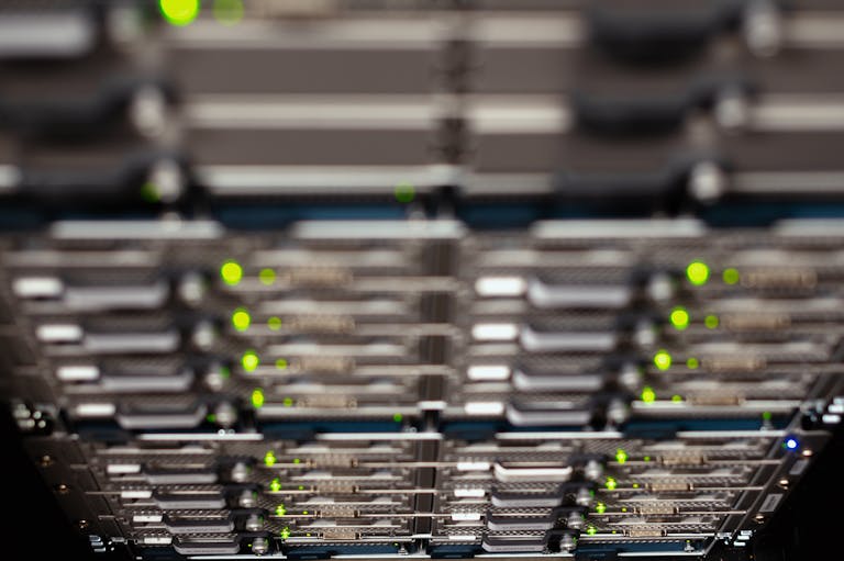 From above contemporary server cable trays without wires located in modern data center